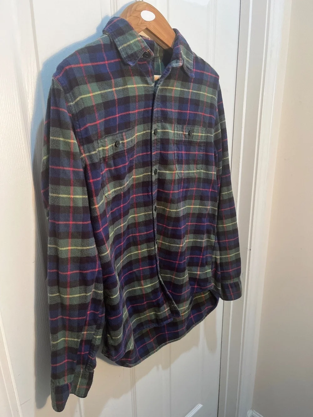 J.Crew Green, blue, yellow, red striped button up flannel men’s size Large